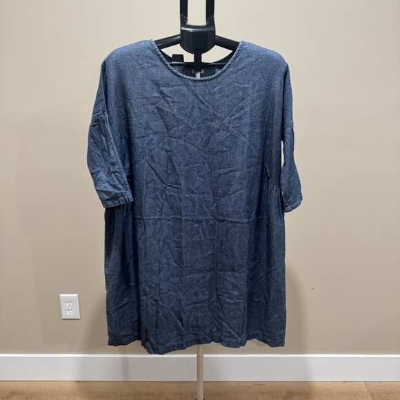 ICHI Dresses & Skirts - ICHI Chambray Blue Shift Dress Short Sleeve Loose Fit Minimalist One Size